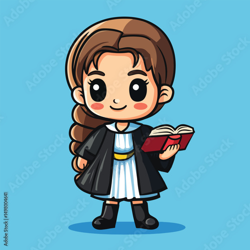 Cartoon Judge Girl with Brown Hair Reading a Red Book