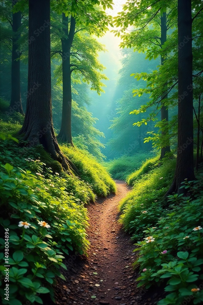Obraz premium A winding mountain hiking trail disappears into a lush green forest, sunlight dappling through the canopy Perfect for adventure, nature, and travel themes , sunlight, environment, rocky