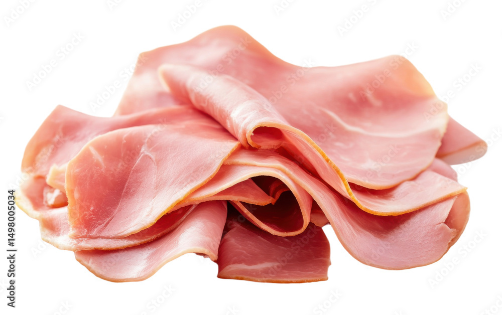Piece of ham is sliced into thin pieces and is piled on top of itself Piece of ham is sliced into thin pieces and is piled on top of itself