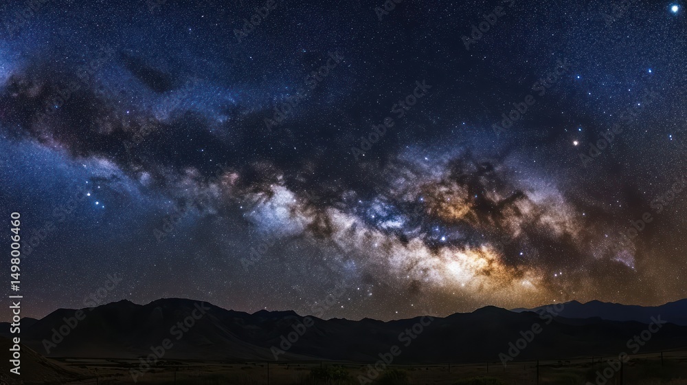 Naklejka premium Stunning view of the Milky Way over mountains, a beautiful cosmic landscape.