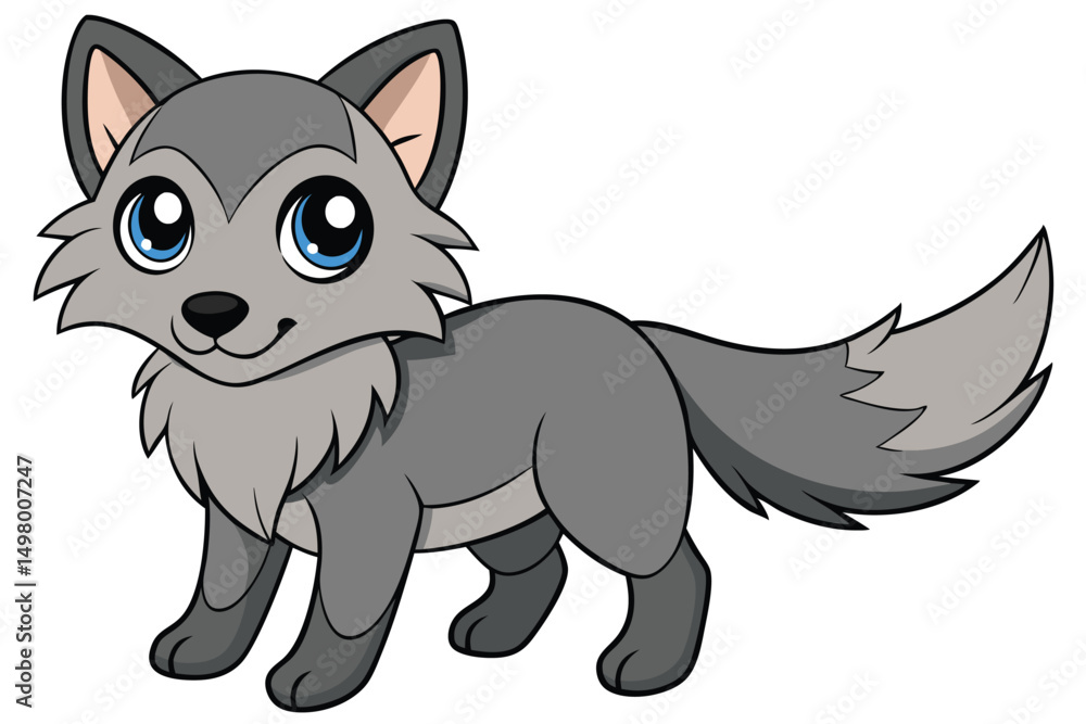 Obraz premium Cartoon Wolf Illustration Cute Grey Wolf with Big Blue Eyes and Fluffy Tail