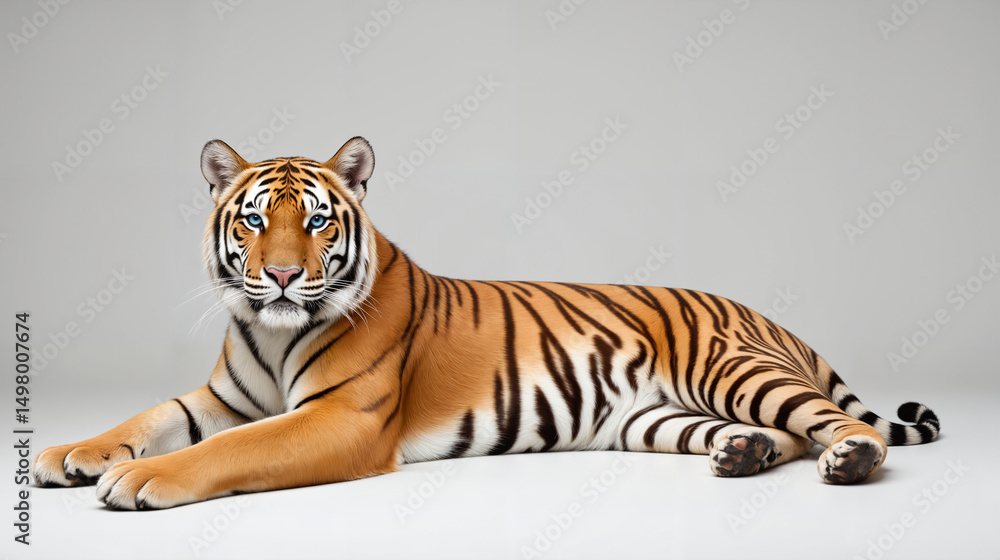 Fototapeta premium Majestic Tiger Resting in Natural Habitat – Orange and Black Striped Big Cat Lying on Ground for Wildlife Conservation, Tiger Protection, and International Tiger Day Awareness