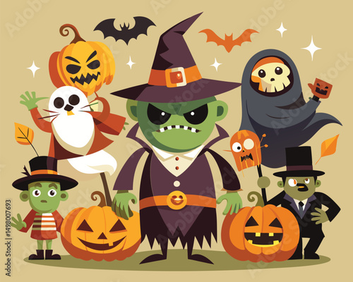 Spooky Halloween Cartoon Characters and Pumpkins
