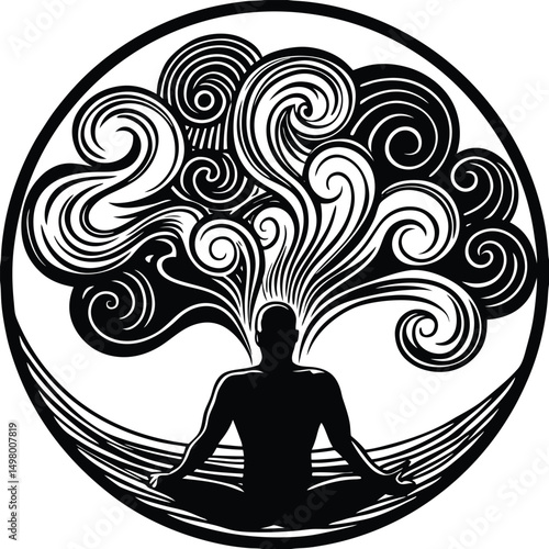 Inner Peace and Enlightenment:  A serene silhouette of person in deep meditation, the mind expands into intricate swirling patterns within a circular frame.