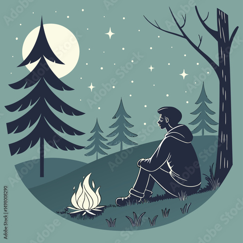 Solitude under the Starlit Sky: A lone figure finds solace under a canopy of stars near a cozy campfire, embracing the stillness of the night, a poignant illustration of peaceful introspection.