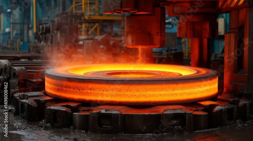 Intense heat radiates from a glowing red hot steel ring during industrial forging