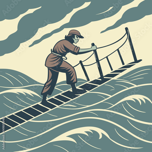 Climbing over water illustration: A figure courageously uses a ladder to traversing a sea of challenge, under an expressive sky, symbolizing ambition and surmounting obstacles.