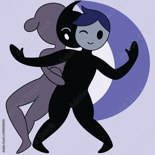 Illustration of Dualities: This illustration represents the concept of duality, featuring abstract figures in shades of black and gray, embodying contrasting aspects of existence.