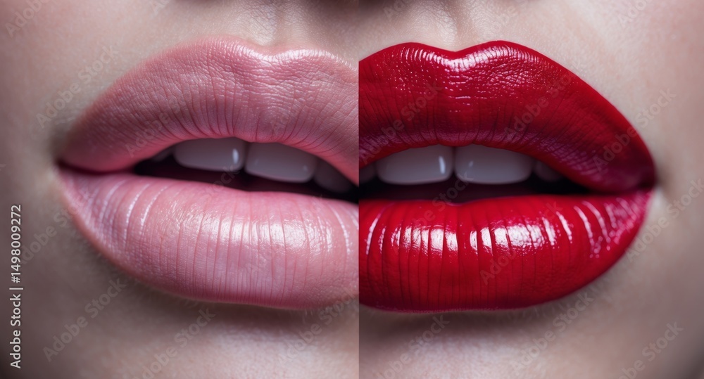 Obraz premium Contrast of Pink and Red Glossy Woman Lips Close-up 