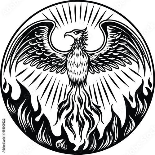 Phoenix Rising: An black and white illustration features a phoenix engulfed in flames, symbolizing rebirth, renewal, and hope, within a graphic design.