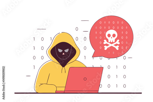 Cyber security threat illustrated with hacker in hoodie stealing data on a laptop