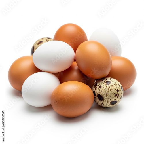 A varied pile of brown, white, and speckled quail eggs, showcasing different types of poultry eggs.