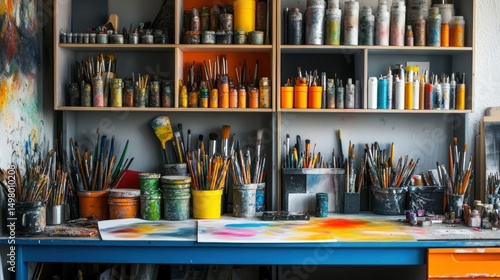 Wallpaper Mural Organized art supplies on shelves and a worktable, filled with paint containers, brushes, and palettes Torontodigital.ca