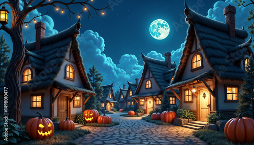 Halloween village at night with pumpkins under the full moon
