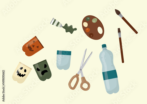 Eco-Friendly Halloween Craft Supplies Upcycling Collection. materials for DIY Halloween projects. sustainable holiday crafting. Eco-friendly halloween. Flat design. Vector illustration