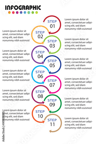 Colorful 11-step circular infographic design perfect for business presentations, workflow visuals, and process charts with a clean and modern layout.