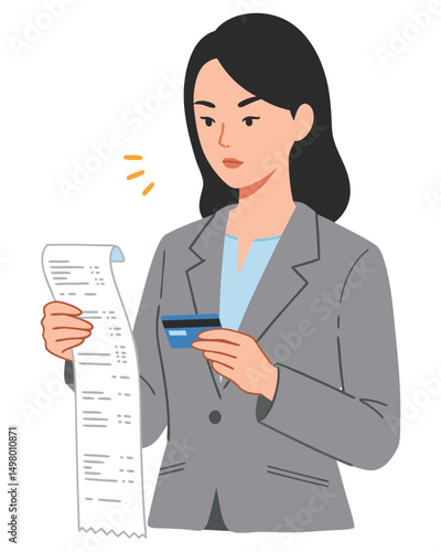 Thoughtful Woman with Credit Card Analyzing Bill in Professional Attire