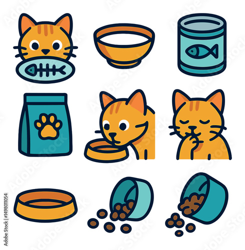 Pet care flat icons set. cat food and feeding symbols for nutrition and diet