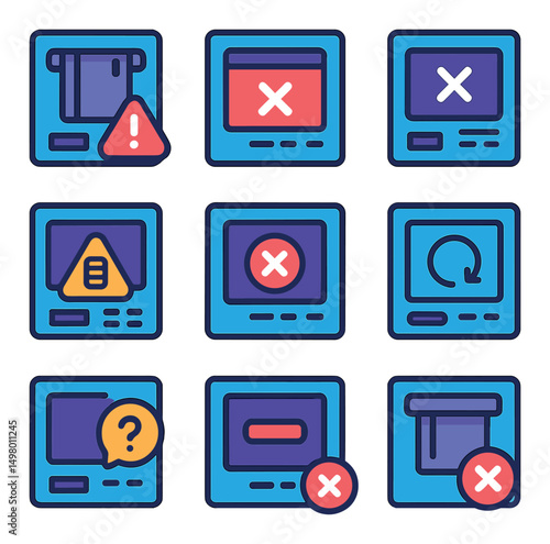 Error and warning flat icons set. alert, notification, caution symbols