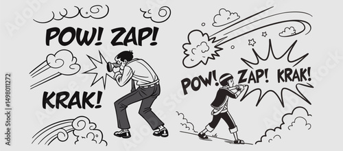 Comic boom cartoon effect line element set. Comic speech bubble pow, boom text, explosive splash smoke, wow cartoon vector icon. Hand drawn sketch doodle explosive element. Vector illustration. EPS.