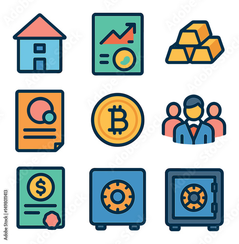 Finance and business flat icons set. economic and investment symbols