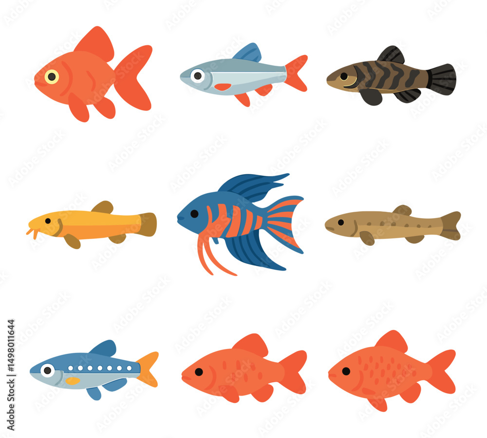Fototapeta premium Aquarium fish flat icons set. marine life and aquatic animal symbols