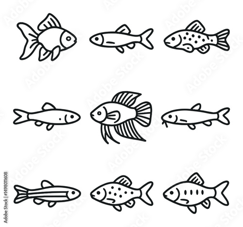 Aquatic life linear icons set. marine and fish symbols for design projects