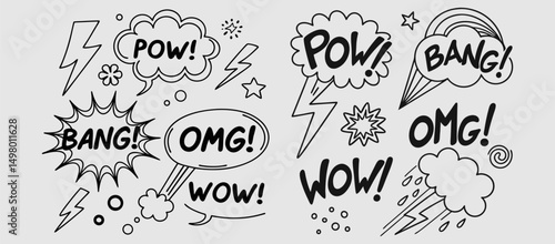 Comic boom cartoon effect line element set. Comic speech bubble pow, boom text, explosive splash smoke, wow cartoon vector icon. Hand drawn sketch doodle explosive element. Vector illustration. EPS.