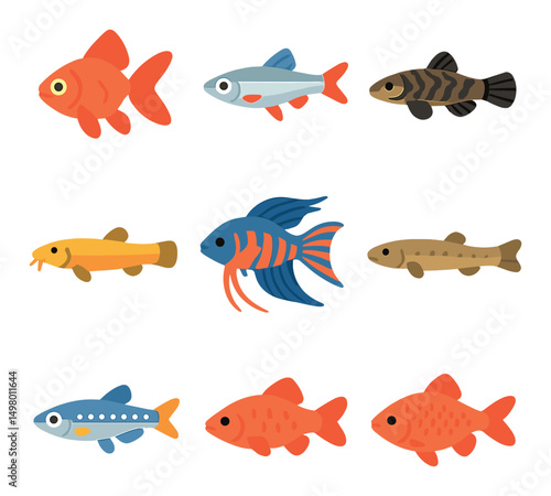 Aquarium fish flat icons set. marine life and aquatic animal symbols