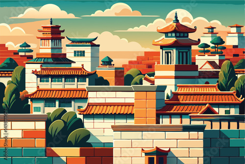 A captivating view of ancient Chinese architecture. showcasing traditional buildings. city walls. and pagodas under a vibrant sky.