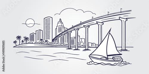 San Diego skyline features its waterfront and Coronado Bridge in a modern, continuous-line style.