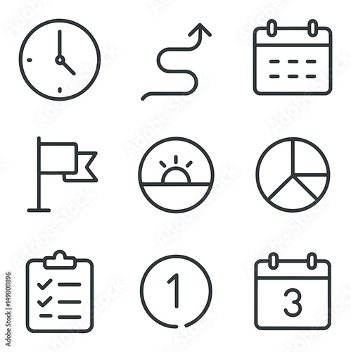 Productivity and planning linear icons set. time management and organization symbols