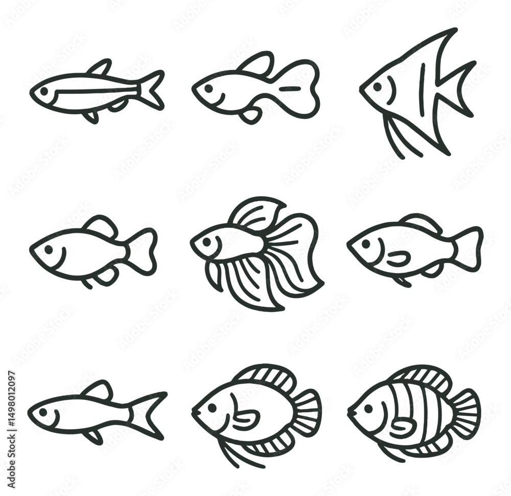 Aquatic life linear icons set. marine and fish symbols for ocean-themed designs Aquatic life linear icons set. marine and fish symbols for ocean-themed designs