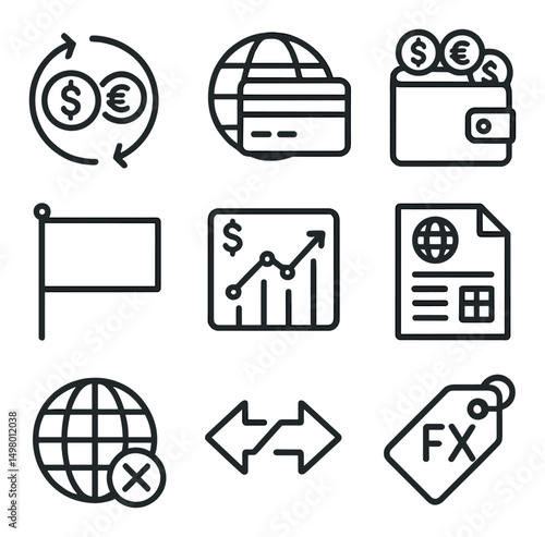 Finance and currency linear icons set. banking and money management symbols