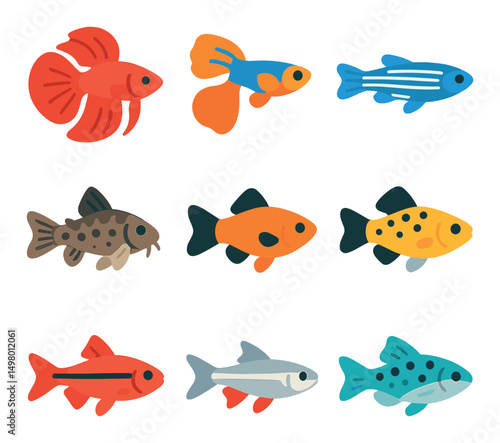 Aquatic animals flat icons set. marine life and fish species symbols collection