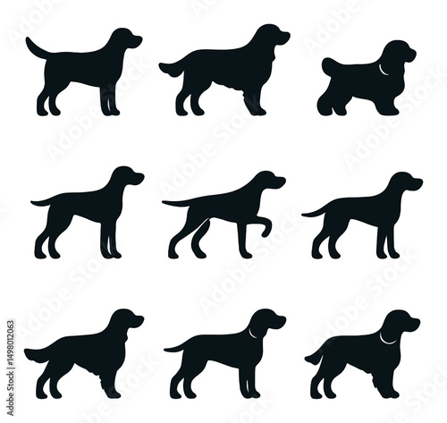 Dog breed silhouette icons set. canine shapes and pet profiles for designs