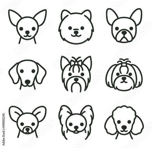 Dog breeds flat icons set. pet silhouettes and canine images for design projects