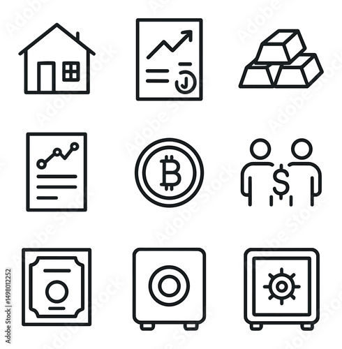 Finance and banking linear icons set. money and investment symbols collection