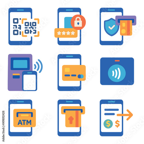 Financial technology flat icons set. banking, fintech, mobile payment symbols