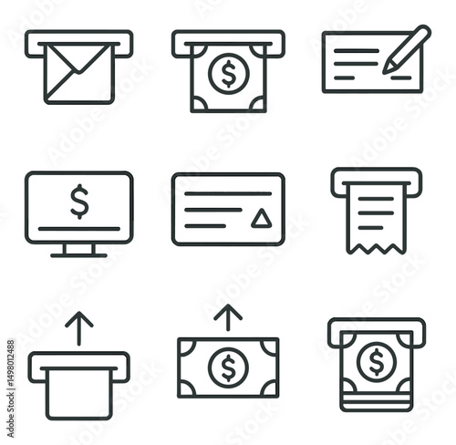Finance and banking linear icons set. money and currency symbols
