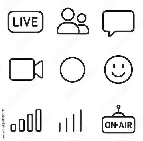 Communication and media linear icons set. messaging and broadcast symbols