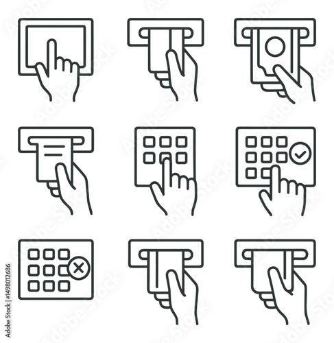 Atm banking linear icons set. cash withdrawal and transaction symbols