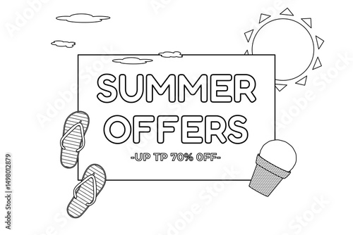 Coloring page outline drawing of summer sale banner with beach flip flops, ice cream, sun, and discount text. For entertaining, summertime promotion, online store, poster, flyer, marketing material.
