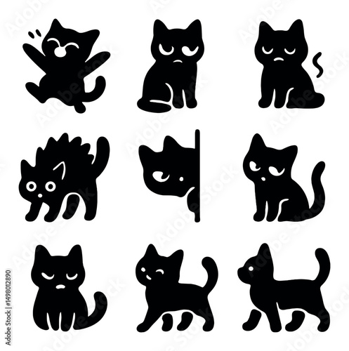 Cute cat silhouette icons set. feline and kitten shapes for pet design