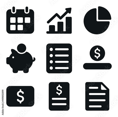 Finance silhouette icons set. monetary and business symbols for digital design