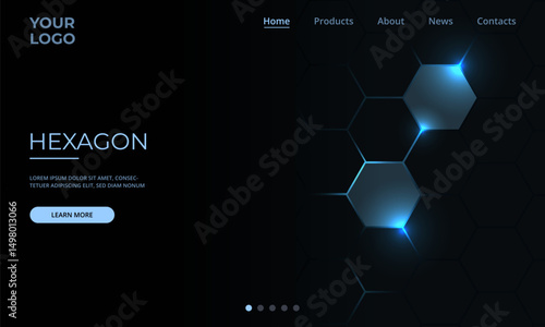 Dark hexagon abstract technology background with blue and pink colored bright flashes under hexagon. Black hexagonal gaming vector abstract tech background.