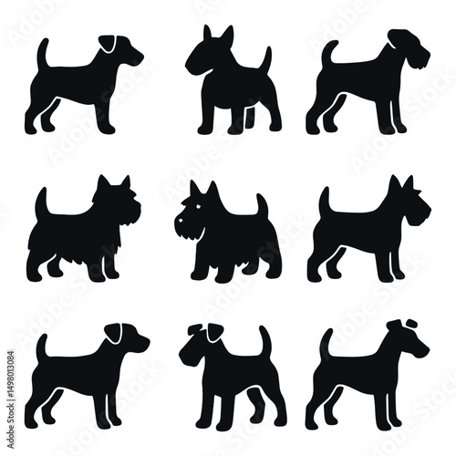 Dog breeds silhouette icons set. pet and canine breed symbols
