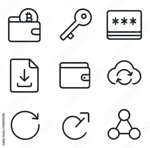 Cryptocurrency finance linear icons set. blockchain and digital currency symbols