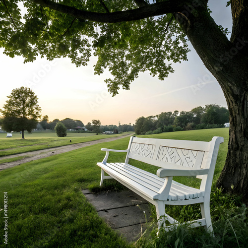 A peaceful white bench sits quietly in a park, surrounded by nature’s calm, inviting rest, reflection, or quiet moments