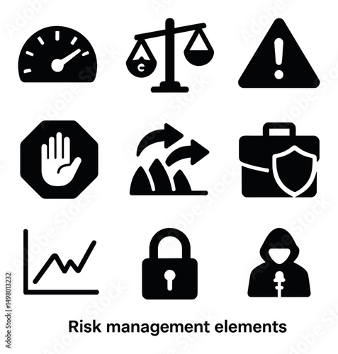 Risk management silhouette icons set. safety, protection, and security symbols